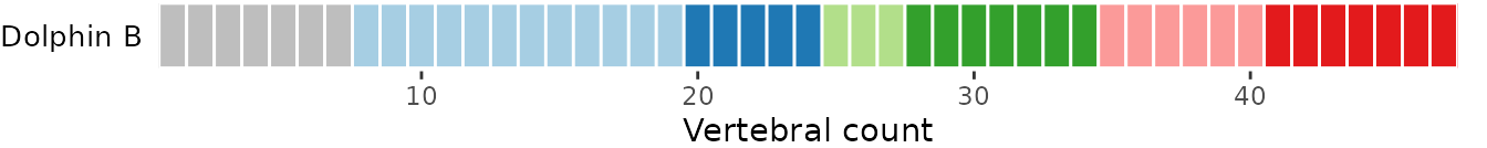 **Fig.6.** Vertebral maps of the best fit model using BIC criterion *(top)*, the 2^nd^ best fit model using AICc criterion *(middle)*, a user-defined model with breakpoints at vertebrae 12, 17, 20, and 30 *(bottom)*.