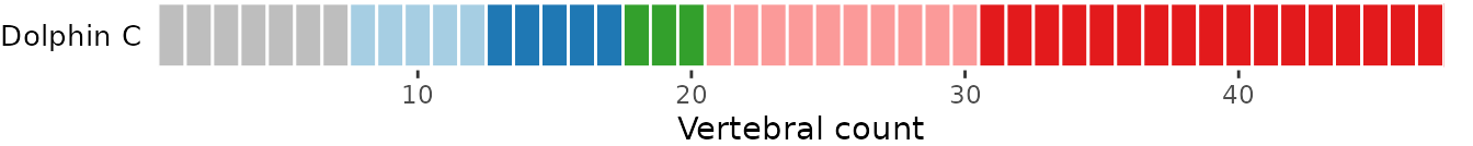 **Fig.6.** Vertebral maps of the best fit model using BIC criterion *(top)*, the 2^nd^ best fit model using AICc criterion *(middle)*, a user-defined model with breakpoints at vertebrae 12, 17, 20, and 30 *(bottom)*.