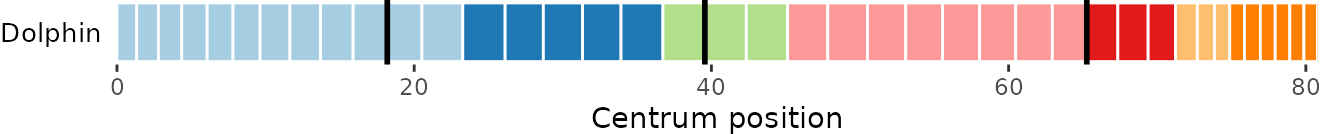 **Fig.9.** Vertebral maps plotting vertebrae as percentage of total vertebral count *(top)*, scaled to their centrum length relative to total length in absolute value *(middle)*, and scaled to their centrum length in percentage *(bottom)*.